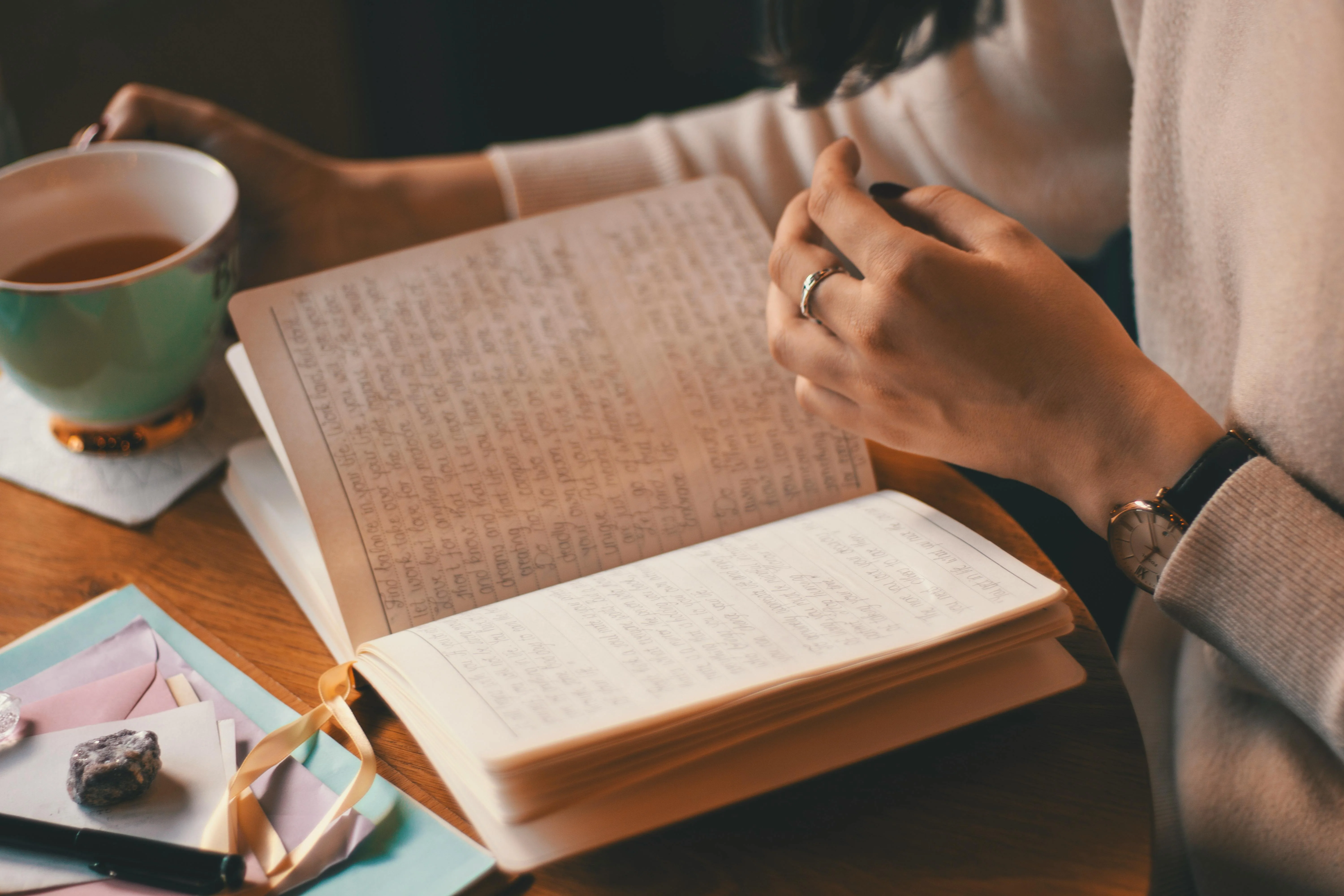 Calm morning desk with tea and mindful planning journal